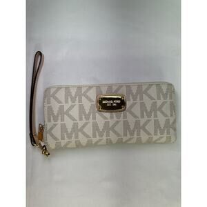 Michael Kors Monogram Zip‎ Around Wallet Beige- Gold Tone